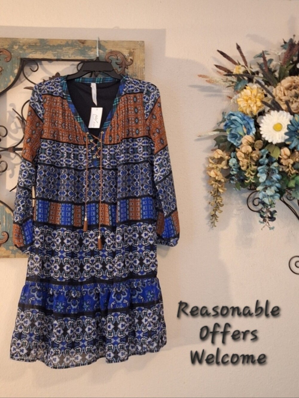 Blue and Brown Printed Lace-Up Tiered Long Sleeve Dress. NWT Size PM